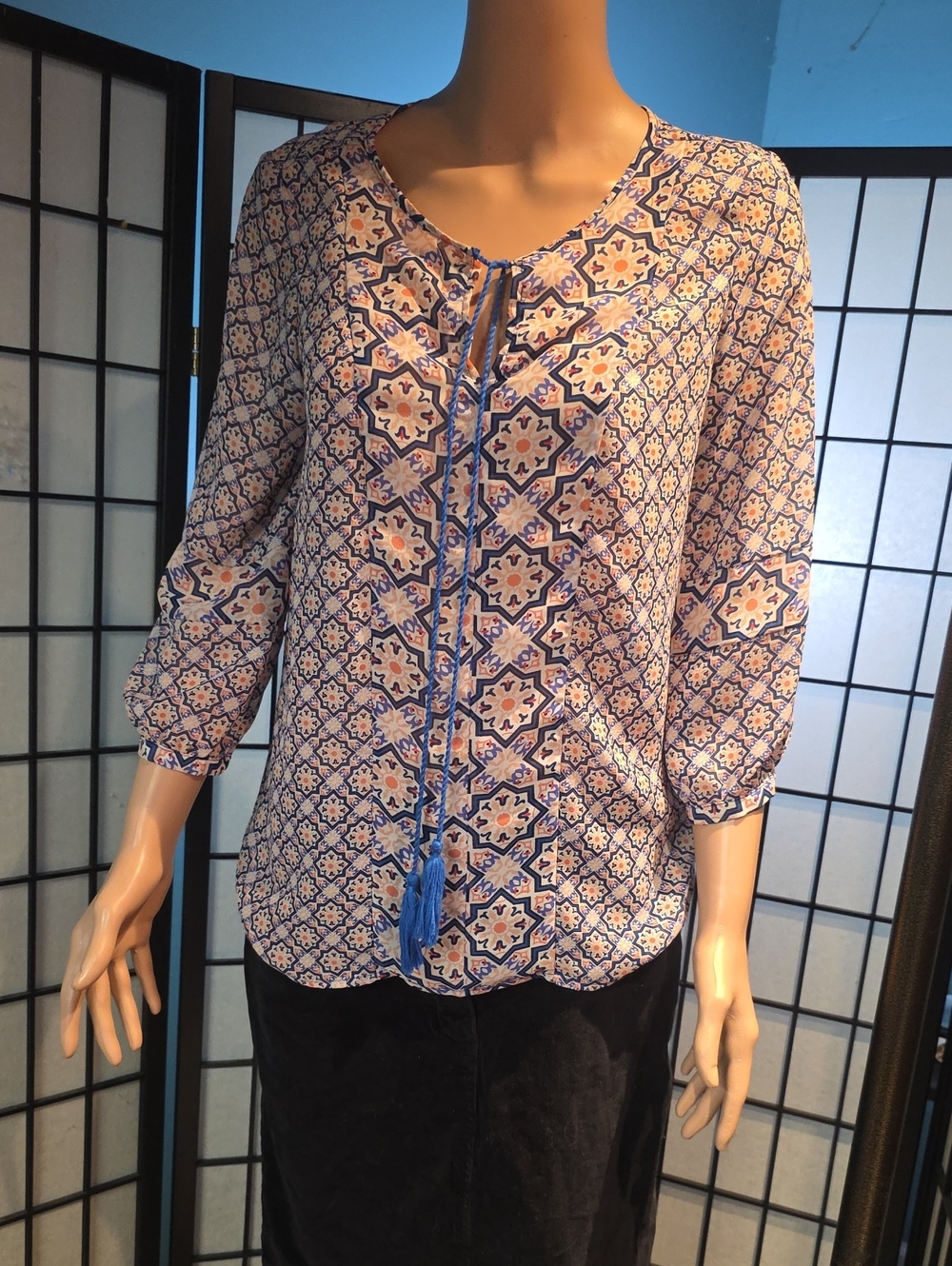 Zac & Rachel Blue and Cream Printed Tassel Tie Tunic